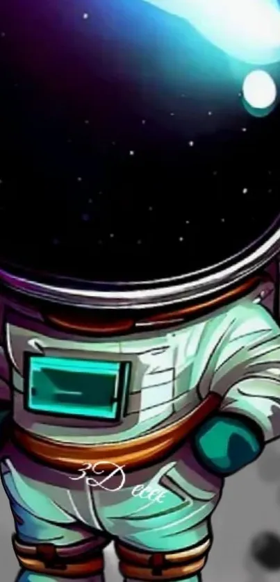 Cute astronaut in a teal suit with a large helmet, floating in space.