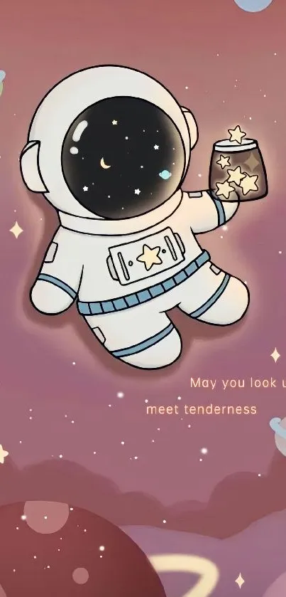 Cute astronaut floating in dreamy space scene.