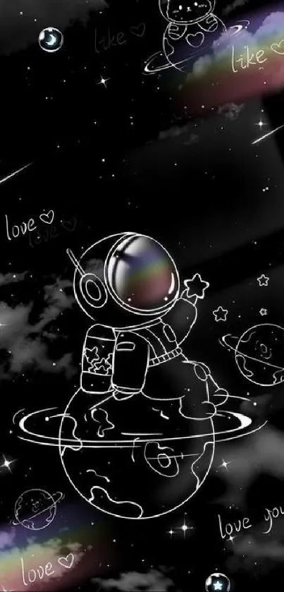 Cute astronaut in space with stars and rainbows on a mobile wallpaper.