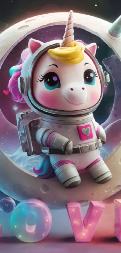 Cute astronaut unicorn sitting on a moon with colorful text.