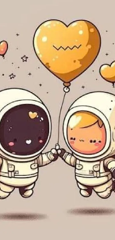 Cute astronauts with heart balloons in space-themed cartoon.