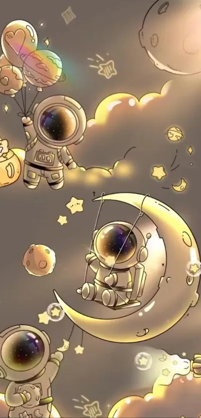 Cartoon astronauts playfully exploring a moonlit space scene.