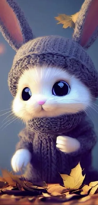 Adorable bunny in knitwear with autumn leaves.