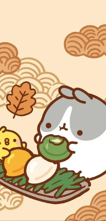 Cute cartoon animals on an autumn-themed mobile wallpaper.