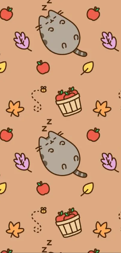 Cute cat with autumn leaves and apples on tan background.