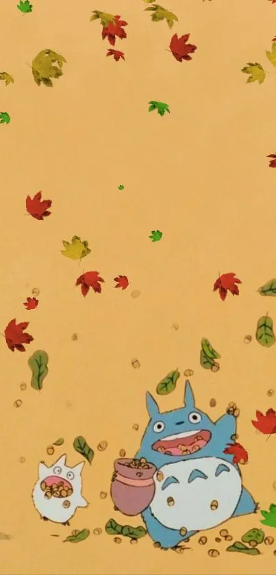 Adorable creatures surrounded by falling autumn leaves on a beige background.