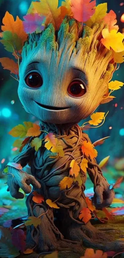 Cute forest creature surrounded by autumn leaves, glowing in a teal forest setting.