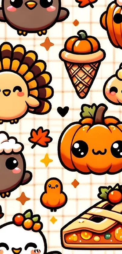 Cute kawaii autumn wallpaper with pumpkins and turkeys.