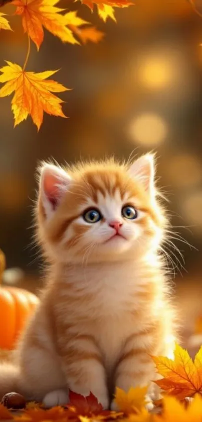 Cute kitten surrounded by autumn leaves and pumpkins.