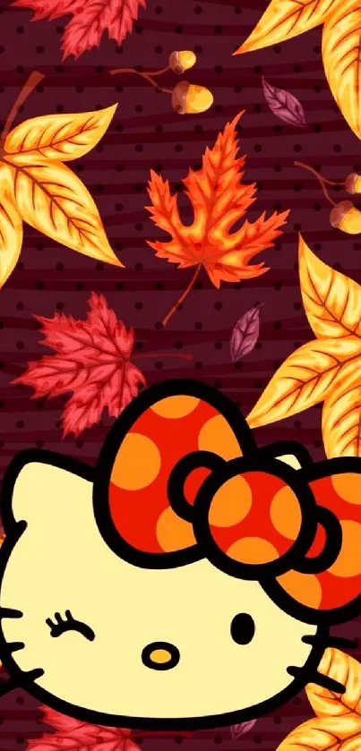 Hello Kitty with autumn leaves background, warm colors.