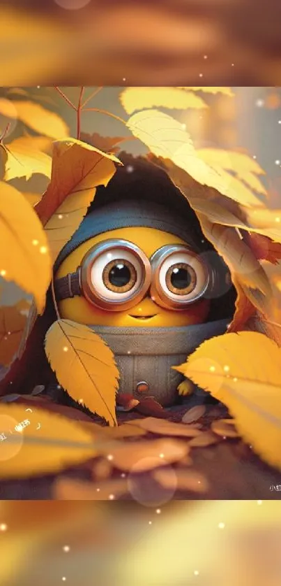 Cute autumn character amidst yellow leaves wallpaper.