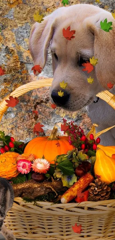 Puppy, bulldog, and kitten with a basket of autumn pumpkins.