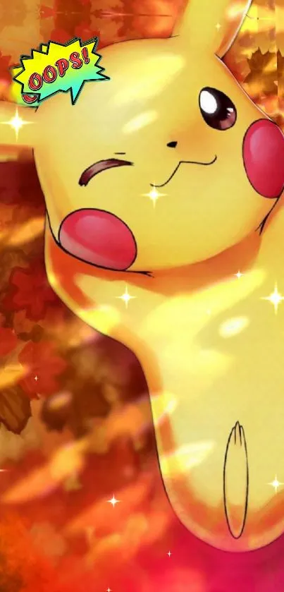 Cute Pikachu with autumn leaves background and sparkles.