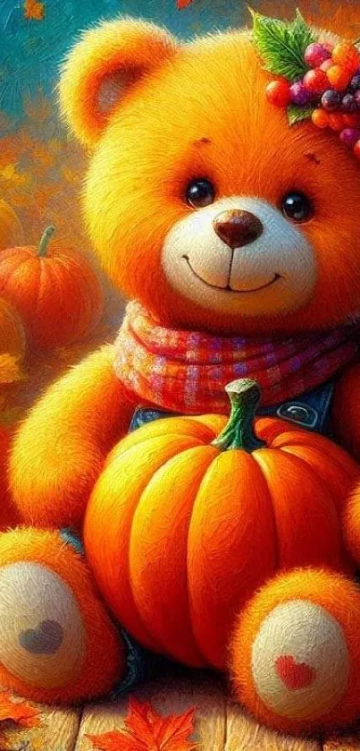 Adorable teddy bear with pumpkins in autumn setting.