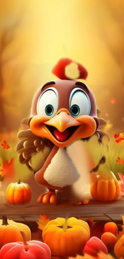 Cute cartoon turkey with pumpkins and autumn leaves.
