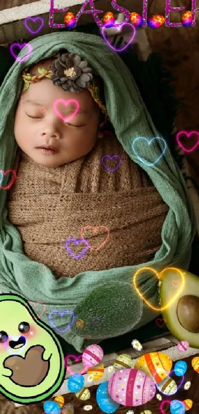 Adorable baby in green wrap with avocados and Easter decor.