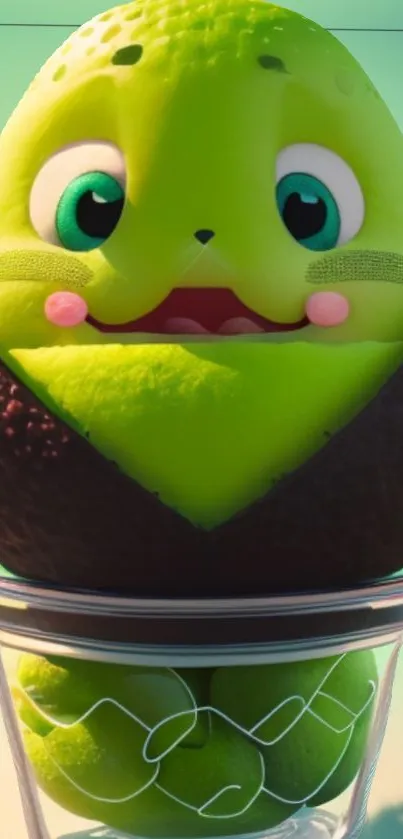 Cute avocado cartoon character in glass cup with green background.