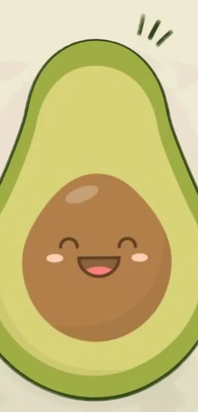 Cute avocado cartoon with a happy face on light green background.