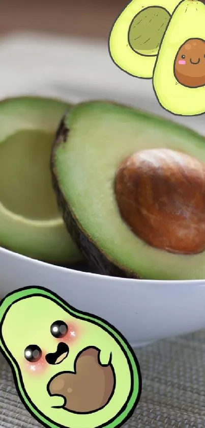 Cute cartoon avocado with fruit in bowl on a textured surface.
