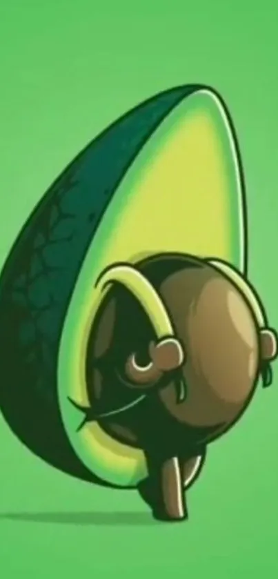 Cartoon avocado with green background.