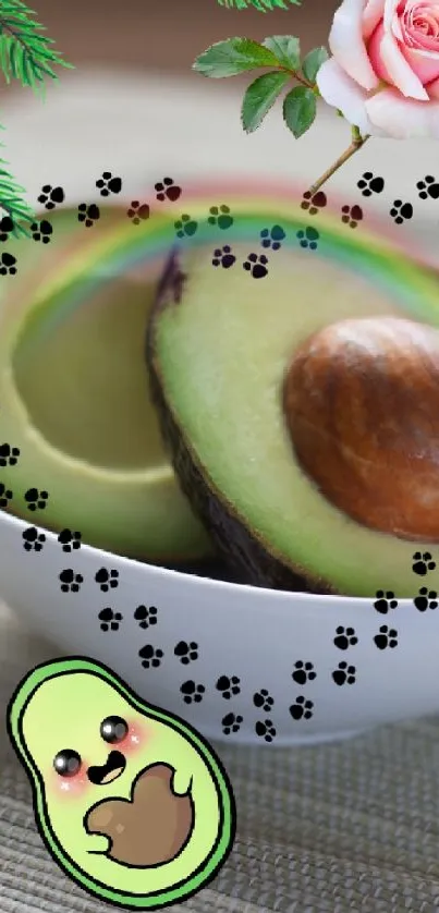 Cartoon avocado wallpaper with floral and leafy accents.