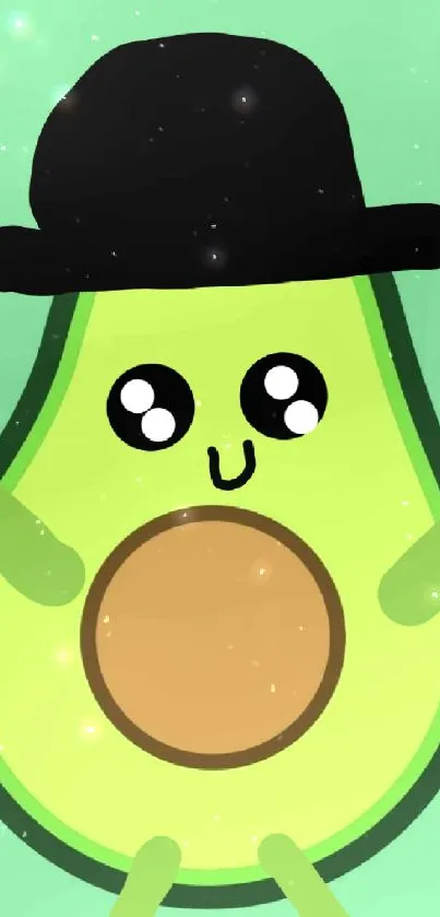 Cute cartoon avocado with hat on green background wallpaper.