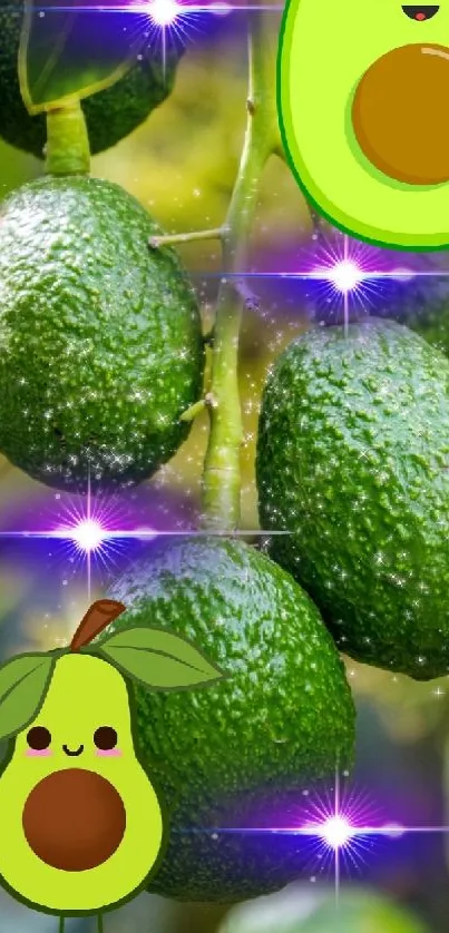 Cute cartoon avocados on vibrant green background.