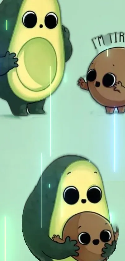 Cute avocado and seed cartoon wallpaper for mobile with mint green background.