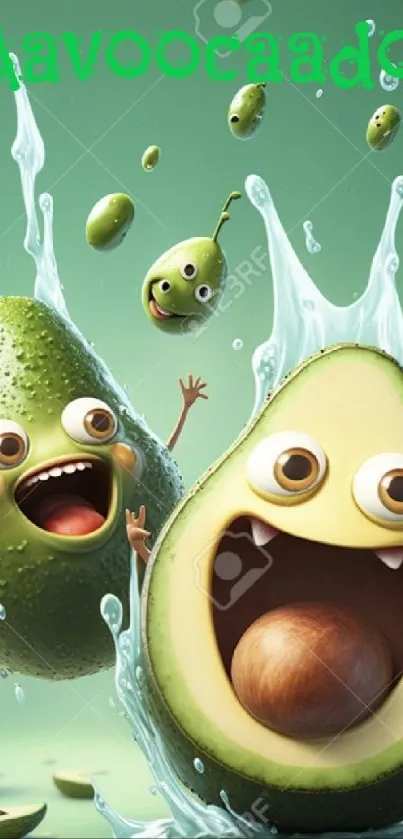 Cartoon avocados splashing with cute expressions on a green background.
