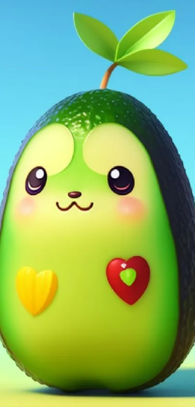 Cute cartoon avocado with leaf on top against blue background.
