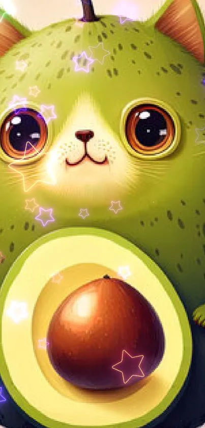 Cute wallpaper of an avocado-shaped cat with big eyes, perfect for mobile screens.