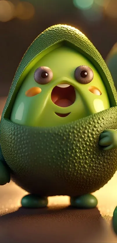Cartoon avocado character on colorful background.