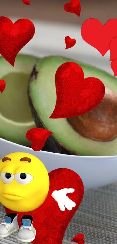 Cute emoji with hearts and avocado in a bowl on a mobile wallpaper.