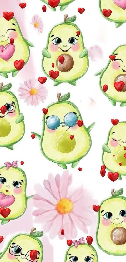 Cute avocados with hearts and flowers on a white background.