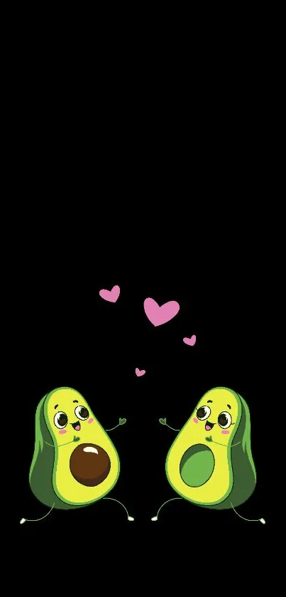 Adorable avocado characters with hearts on black background.