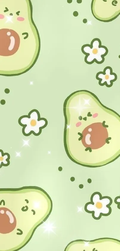 Cute pastel green wallpaper with avocados and flowers.