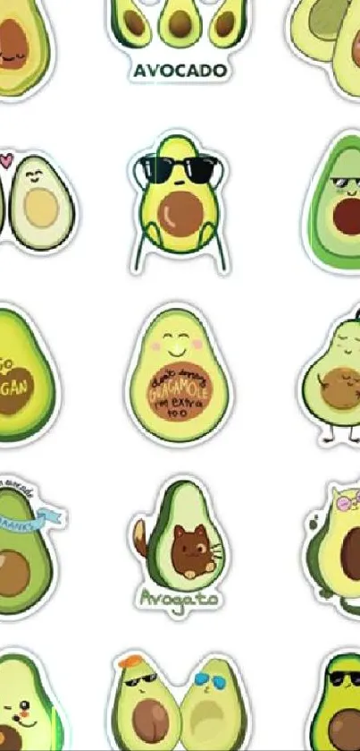 Cute avocado sticker wallpaper for mobile phone featuring fun designs.