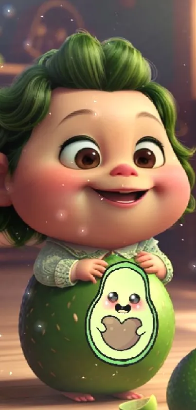 Cute cartoon character with avocado theme in vibrant colors.
