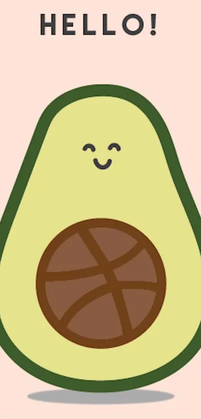 Cute avocado with a smiling face on a pastel pink background.