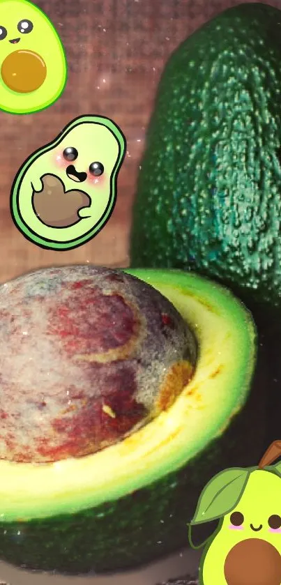 Cute avocado illustration wallpaper with dark green hues.