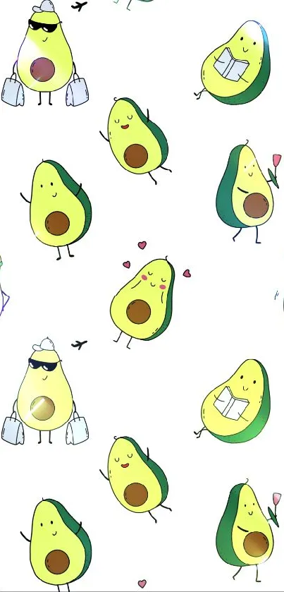 Cute illustrated avocado pattern wallpaper with playful designs.