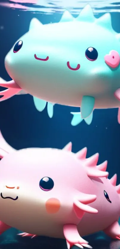 Colorful cartoon axolotls in an underwater scene.