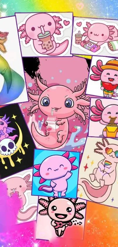 Colorful axolotl cartoon collage wallpaper for mobiles.