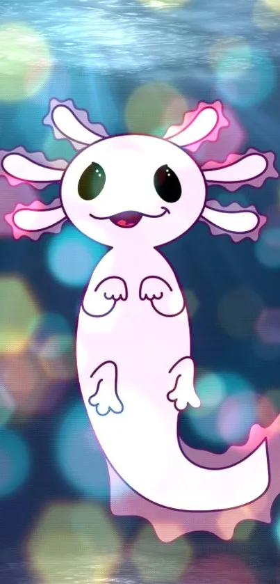 Cute axolotl with colorful bokeh background in a fantasy style wallpaper.