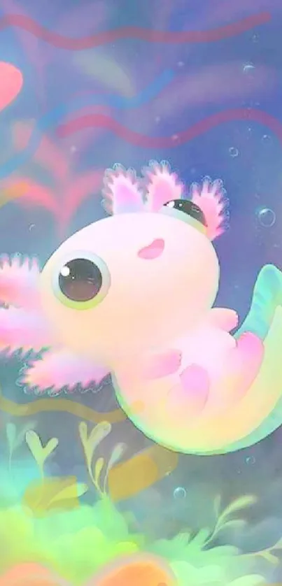 Cute axolotl in a dreamy, pastel-colored aquatic scene wallpaper.