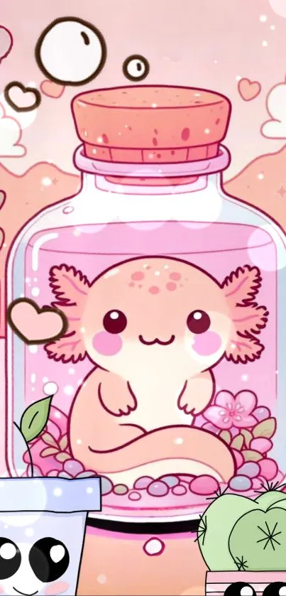 Cute axolotl in cartoon jar with pink tones.