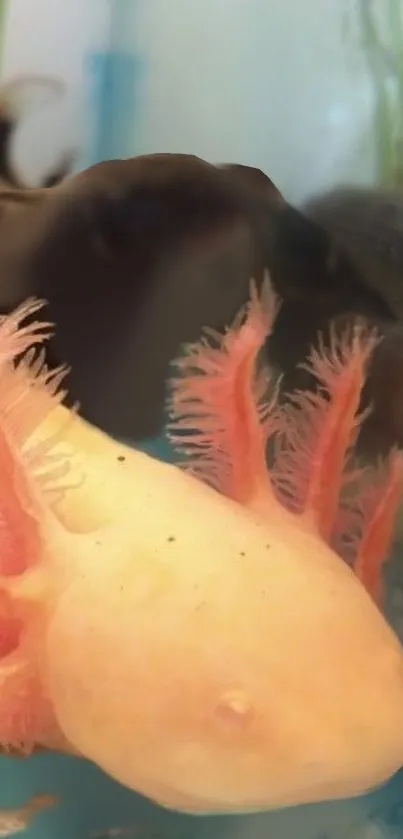 A cute axolotl in an aquarium setting with soft peach tones.