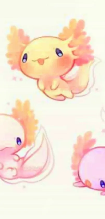 Cute pastel axolotls on a phone wallpaper.