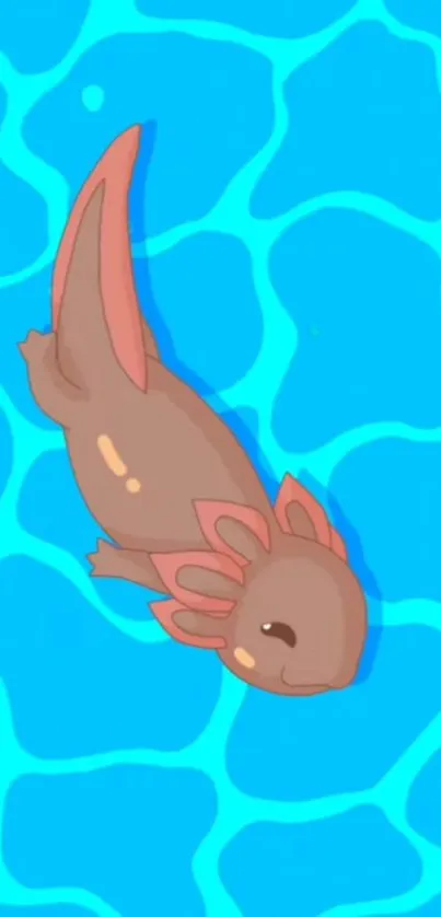 Cartoon axolotl swimming in a bright blue pool.