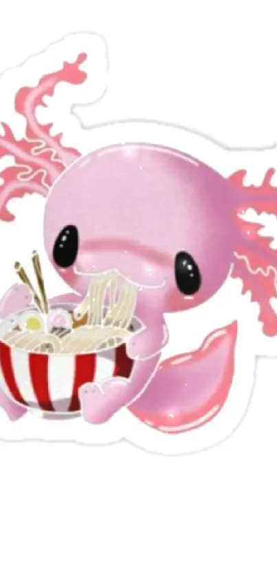 Pink axolotl with noodles cartoon wallpaper.